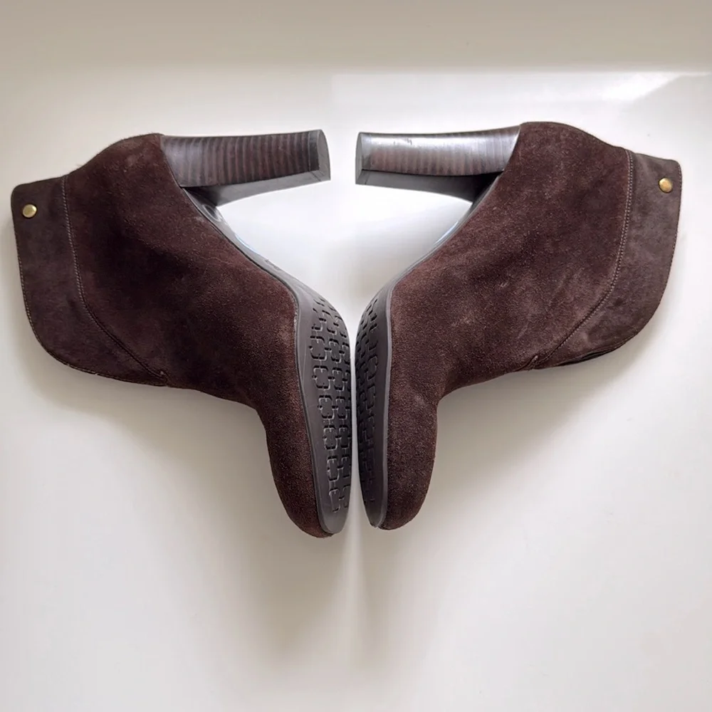 Franco Sarto Limber Brown Suede Ankle Boots Split Front Block Heel Women's 7.5